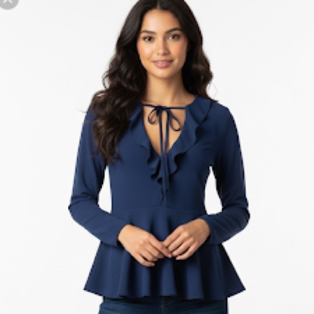 Lulus Navy Blue Deep V-Neck Peplum Top Long Sleeve